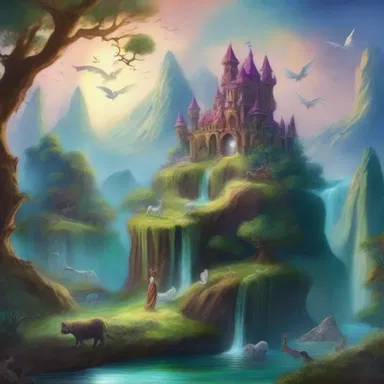 The fantasy painting depicted a mythical land populated by magical creatures and enchanted beings.