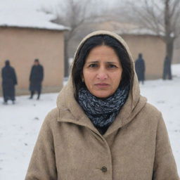 A dedicated teacher braving the extreme chill of a winter day at a government school in Islamabad, Pakistan, embodying resilience in the face of adversity.