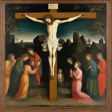 The painter used vivid colors and intricate details to depict the crucifixion scene, evoking a sense of reverence and devotion.