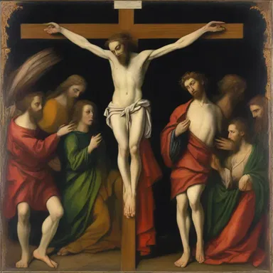 The painter used vivid colors and intricate details to depict the crucifixion scene, evoking a sense of reverence and devotion.