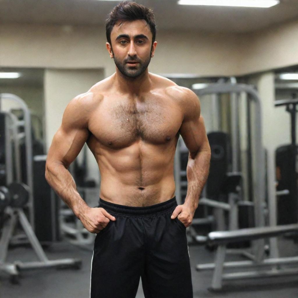 Ranbir Kapoor in a gym setting, showcasing his toned, defined six-pack abs