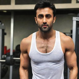 Ranbir Kapoor in a gym setting, showcasing his toned, defined six-pack abs