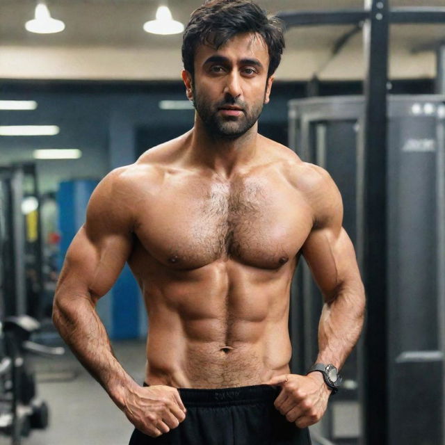 Ranbir Kapoor in a gym setting, showcasing his toned, defined six-pack abs