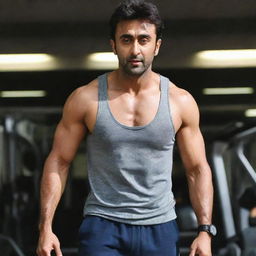 Ranbir Kapoor in a gym setting, showcasing his toned, defined six-pack abs