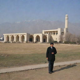 A scene of a teacher with their face not visible, outside on an extreme chill winter day, with the clear, recognizable architecture of a government school in Islamabad, Pakistan in the background.