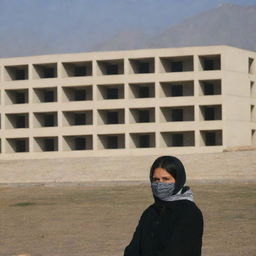 A scene of a teacher with their face not visible, outside on an extreme chill winter day, with the clear, recognizable architecture of a government school in Islamabad, Pakistan in the background.