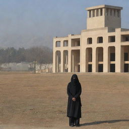 A scene of a teacher with their face not visible, outside on an extreme chill winter day, with the clear, recognizable architecture of a government school in Islamabad, Pakistan in the background.