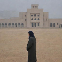 A scene of a teacher with their face not visible, outside on an extreme chill winter day, with the clear, recognizable architecture of a government school in Islamabad, Pakistan in the background.