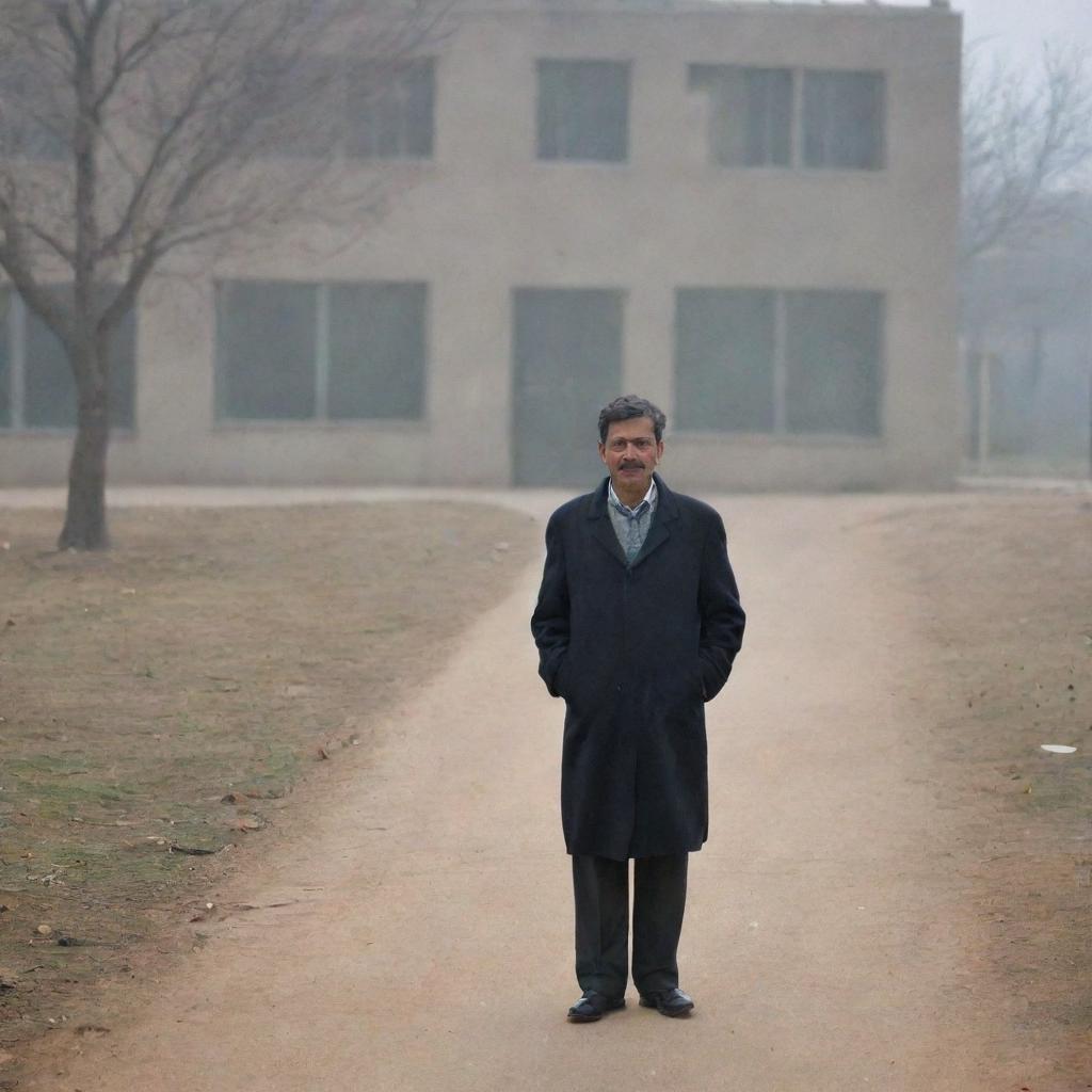 An educator in the depths of a severe winter day at a school in Islamabad, Pakistan. Their face remains unseen, but the school's distinct architecture is clearly visible