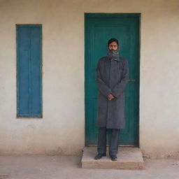 An educator in the depths of a severe winter day at a school in Islamabad, Pakistan. Their face remains unseen, but the school's distinct architecture is clearly visible