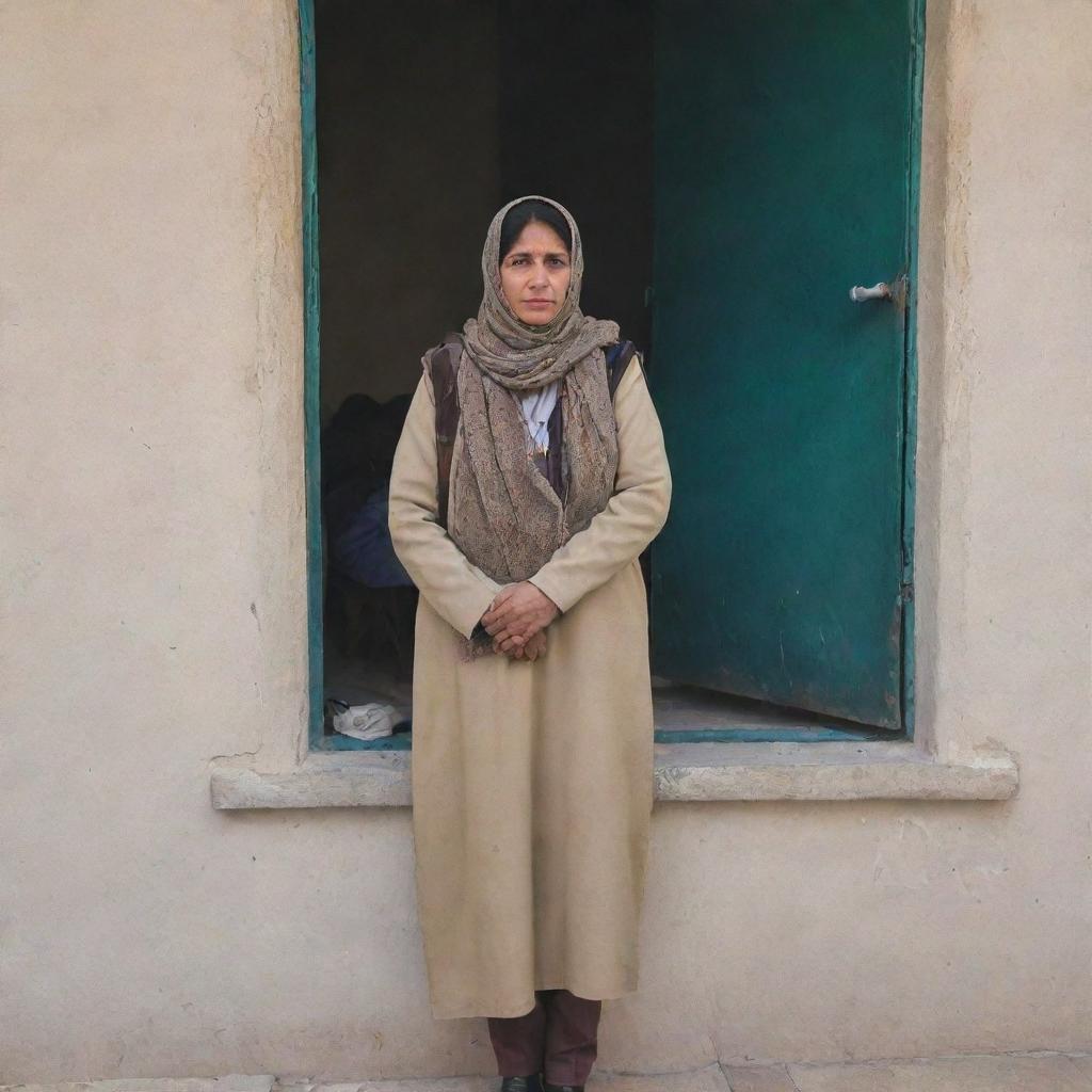 An educator in the depths of a severe winter day at a school in Islamabad, Pakistan. Their face remains unseen, but the school's distinct architecture is clearly visible