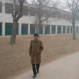 An educator in the depths of a severe winter day at a school in Islamabad, Pakistan. Their face remains unseen, but the school's distinct architecture is clearly visible