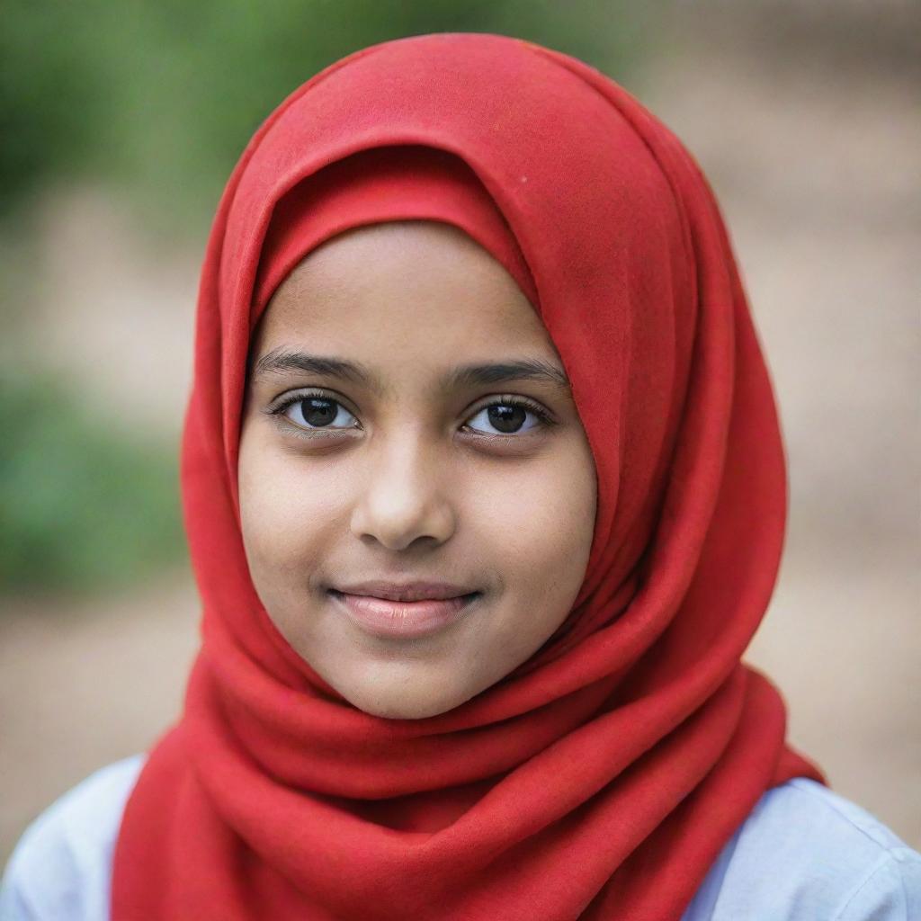 An image of a young confident girl wearing a vibrant red hijab