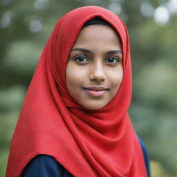 An image of a young confident girl wearing a vibrant red hijab