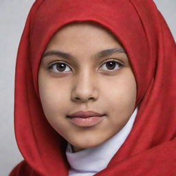 An image of a young confident girl wearing a vibrant red hijab