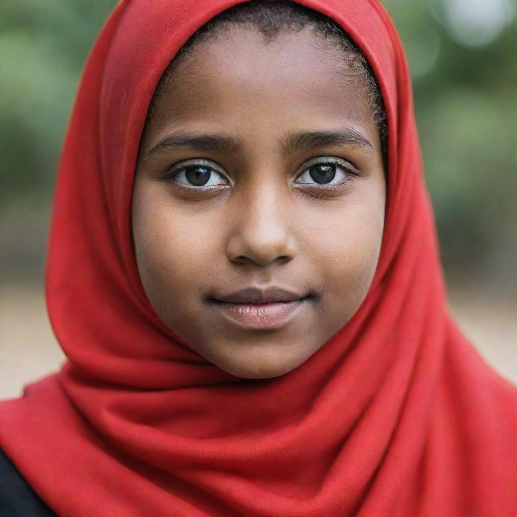 An image of a young confident girl wearing a vibrant red hijab