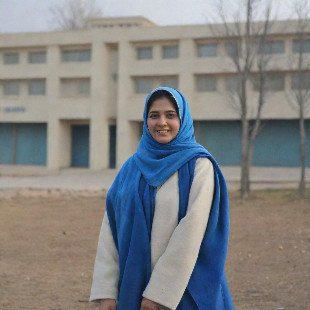 An obscured teacher on a frigid winter day at a school in Islamabad, Pakistan, with the school prominently visible, showcasing its distinctive blue and cream color scheme.