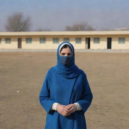 An obscured teacher on a frigid winter day at a school in Islamabad, Pakistan, with the school prominently visible, showcasing its distinctive blue and cream color scheme.