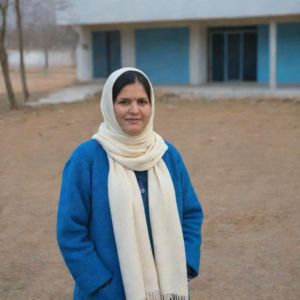 An obscured teacher on a frigid winter day at a school in Islamabad, Pakistan, with the school prominently visible, showcasing its distinctive blue and cream color scheme.