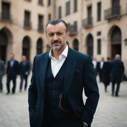 A charismatic Turkish actor in a sophisticated attire posing dramatically with a cinematic background.