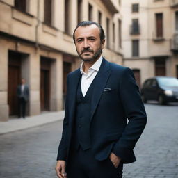 A charismatic Turkish actor in a sophisticated attire posing dramatically with a cinematic background.