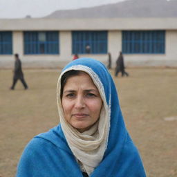 An indistinct teacher weathering a bitterly cold winter day at a school in Islamabad, Pakistan. The school is unmistakable in the background, adorned in a blue and cream colour scheme.