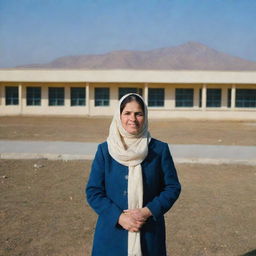 An indistinct teacher weathering a bitterly cold winter day at a school in Islamabad, Pakistan. The school is unmistakable in the background, adorned in a blue and cream colour scheme.