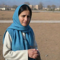 An indistinct teacher weathering a bitterly cold winter day at a school in Islamabad, Pakistan. The school is unmistakable in the background, adorned in a blue and cream colour scheme.