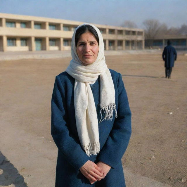 An indistinct teacher weathering a bitterly cold winter day at a school in Islamabad, Pakistan. The school is unmistakable in the background, adorned in a blue and cream colour scheme.