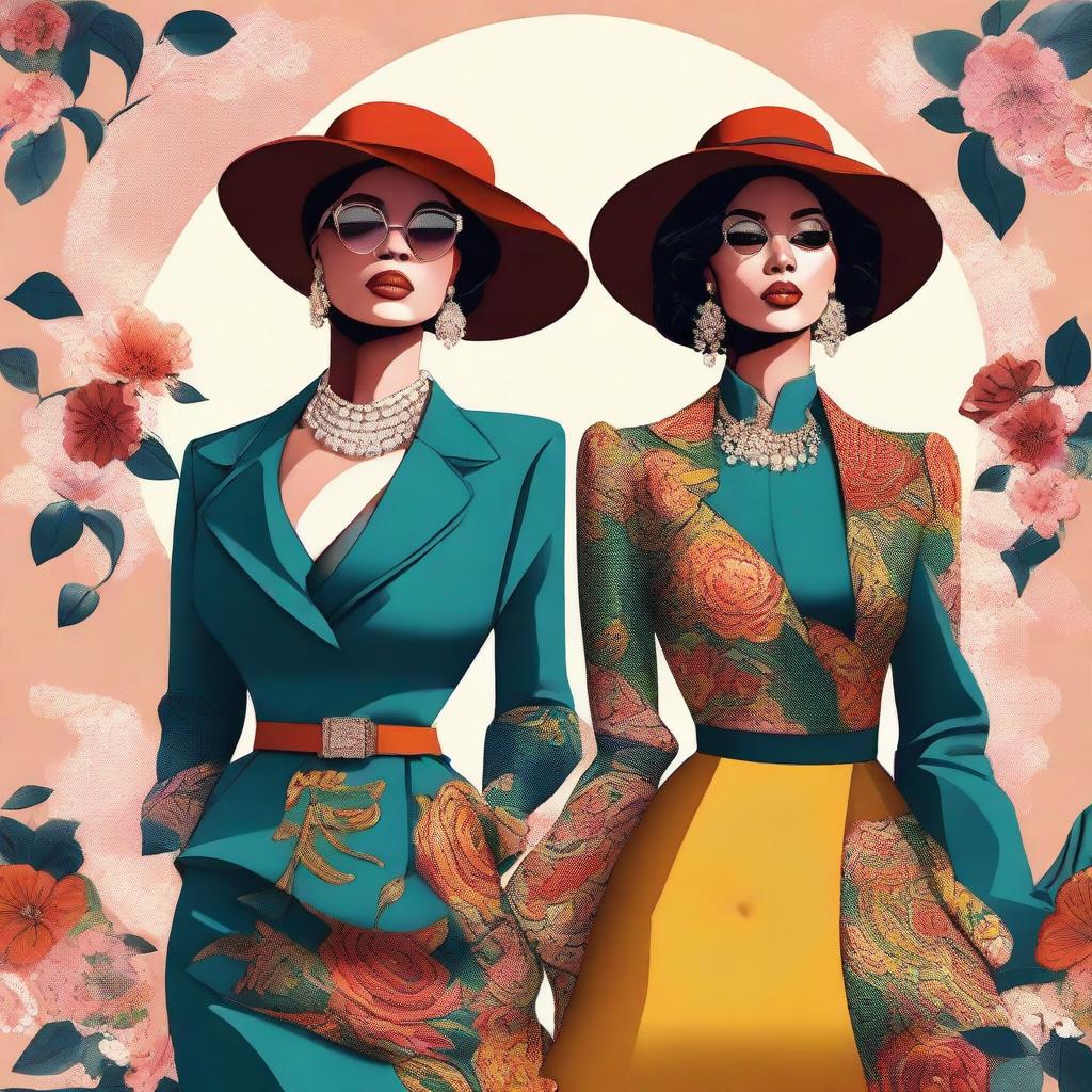 A high-quality digital art featuring two women in stylish and trendy outfits