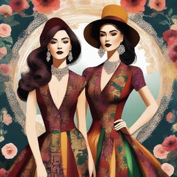 A high-quality digital art featuring two women in stylish and trendy outfits