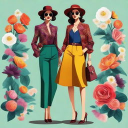 A high-quality digital art featuring two women in stylish and trendy outfits