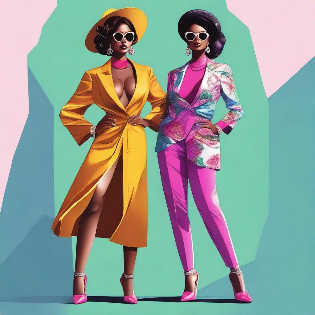 A high-quality digital art showcasing two women exuding confidence and style