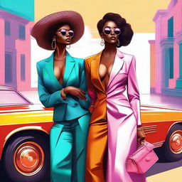 A high-quality digital art showcasing two women exuding confidence and style