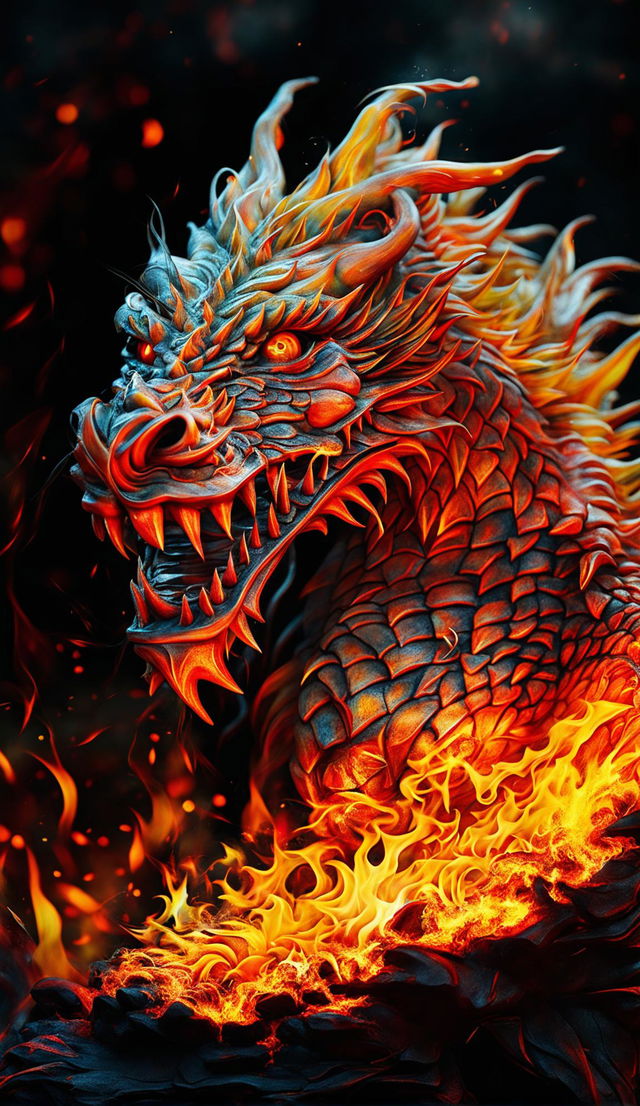 A hyper-realistic 4K image of a dragon formed entirely from vibrant flames, rendered with Redshift for photorealism. The fine art digital photography captures the dramatic contrast between the fiery dragon and the dark background in high dynamic range (HDR), creating a mystical atmosphere reminiscent of a ghostly phantom.