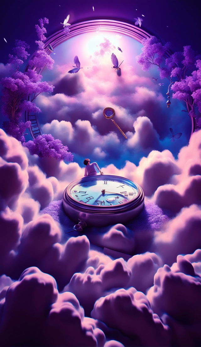 A 4K hyper-realistic digital art piece depicting a surreal dream scene with a figure sleeping on clouds, surrounded by symbolic elements in a twilight sky, rendered with Redshift.