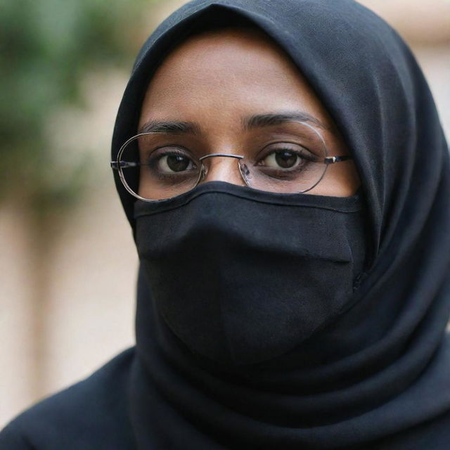 An image of a girl wearing a black hijab, stylish spectacles, and a black face mask.