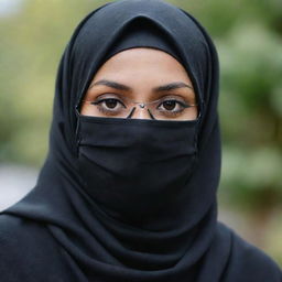 An image of a girl wearing a black hijab, stylish spectacles, and a black face mask.