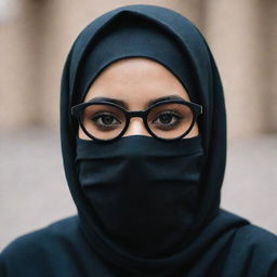 An image of a girl wearing a black hijab, stylish spectacles, and a black face mask.