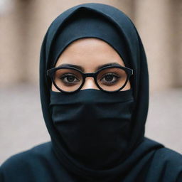 An image of a girl wearing a black hijab, stylish spectacles, and a black face mask.