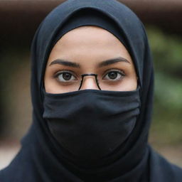 An image of a girl wearing a black hijab, stylish spectacles, and a black face mask.