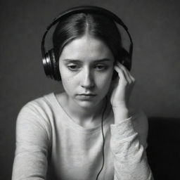 A melancholic depiction of a girl, with headphones in, listening intently to a poignant podcast about poetry, all under a somber black and white filter.