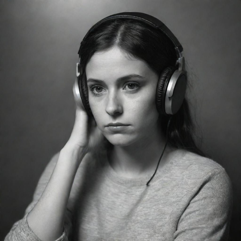 A melancholic depiction of a girl, with headphones in, listening intently to a poignant podcast about poetry, all under a somber black and white filter.