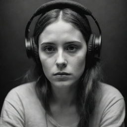 A melancholic depiction of a girl, with headphones in, listening intently to a poignant podcast about poetry, all under a somber black and white filter.