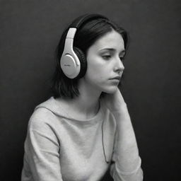 A melancholic depiction of a girl, with headphones in, listening intently to a poignant podcast about poetry, all under a somber black and white filter.