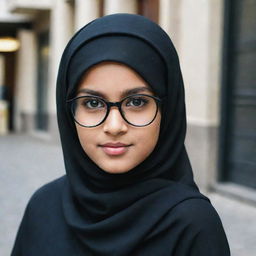 A young girl wearing stylish spectacles and a fashionable black hijab