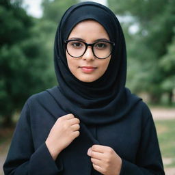 A young girl wearing stylish spectacles and a fashionable black hijab