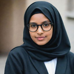 A young girl wearing stylish spectacles and a fashionable black hijab