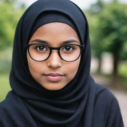 A young girl wearing stylish spectacles and a fashionable black hijab