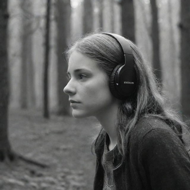 A black and white image of a girl with headphones, deeply engrossed in a sorrowful poetry podcast, gazing contemplatively at the surrounding nature.